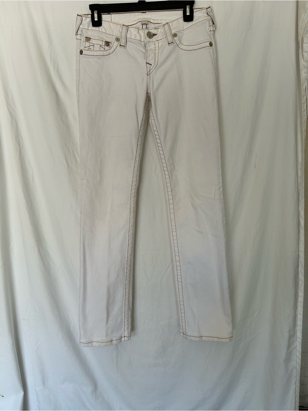 True Religion White Straight Leg Jeans 29 Made in USA Y2K Contrast Stitch